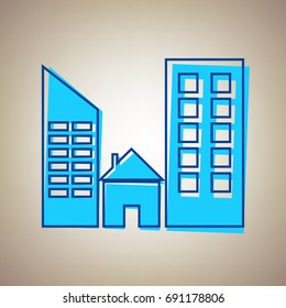 Real estate sign. Vector. Sky blue icon with defected blue contour on beige background.
