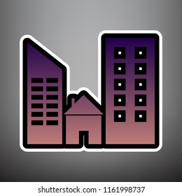 Real estate sign. Vector. Violet gradient icon with black and white linear edges at gray background.