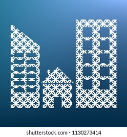 Real estate sign. Vector. White textured icon at lapis lazuli gradient background.