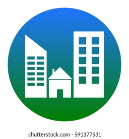 Real estate sign. Vector. White icon in bluish circle on white background. Isolated.