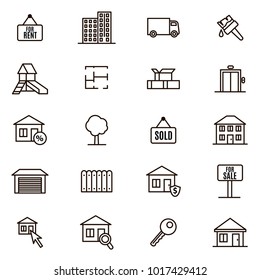 Real Estate Signs Black Thin Line Icon Set Include of Building, Apartment, Key, Garage and Plan Flat. Vector illustration of Icons