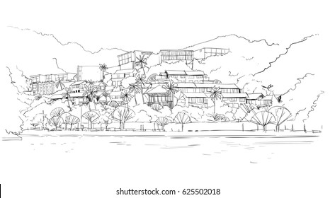 Real Estate Silhouette Big Modern Villa House In Tropical Forest Skecth Vector Illustration