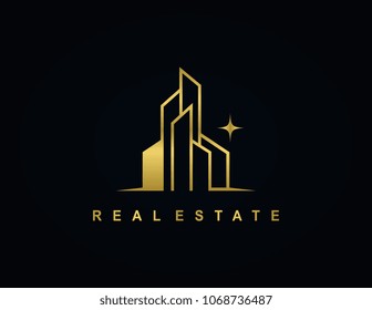 Real estate simple elegant gold logo template. Vector illustration unique style.