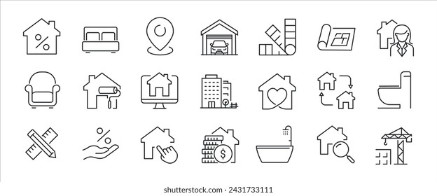 Real estate, simple minimal thin line icons. Related mortgage, building, construction. Vector illustration.
