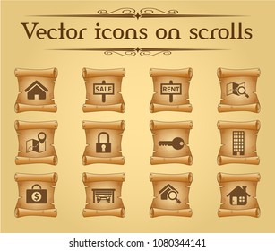 real estate simple vector icons on ancient scrolls