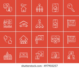 Real estate sketch icon set for web, mobile and infographics. Hand drawn real estate icon set. Real estate vector icon set. Real estate icon set isolated on red background.