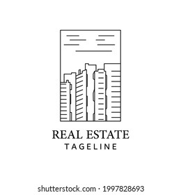 Real estate skyscraper line logo design vector image.Building logo line art simple