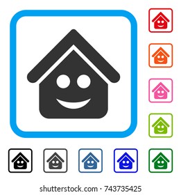 Real Estate Smile Smiley icon. Flat grey pictogram symbol inside a blue rounded frame. Black, gray, green, blue, red, orange color variants of Real Estate Smile Smiley vector.