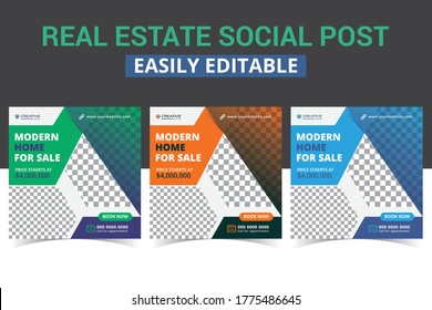 Real estate social media content promo layouts design. Modern advertising square template of real estate social media graphics instagram post & sale poster design digital marketing vector sets.