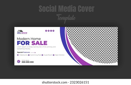 Real estate social media cover design, property sale banner, timeline post, construction dream house business ad design template for social media banner with abstract purple, blue and color shapes