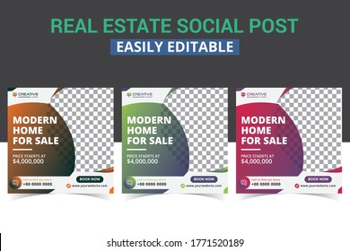 Real estate social media post templates design vector set for home sale & rent. Modern Editable real estate digital marketing square template social media layouts & promo social sale poster design.