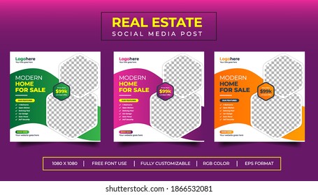 Real Estate Social Media Post Template, Editable Corporate Elegant Home, Social Media Banners,  Sale Social Media Promotion, Multi Color Variant Square Flyer Template.