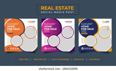 Real Estate Social Media Post Template, Editable Corporate Elegant Home, Social Media Banners,  Sale Social Media Promotion, Multi Color Variant Square Flyer Template.