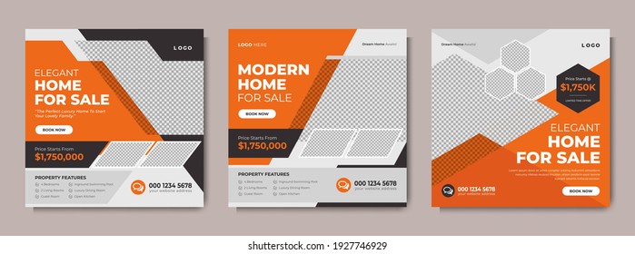 Real Estate Social Media Post Template Design. Modern Home Sale Flyer With Logo, Icon And Abstract Background For Business Marketing. Digital Graphic Web Banner For Commercial Housing, Property Agency