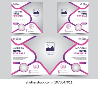 Real Estate Social Media Post Layout Set with purple gradient and Abstract modern square web banner.	