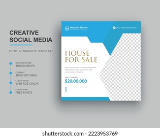 Real estate social media post banner design and home for sale design template.