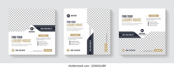 Real Estate Social Media Post Template. Set of Editable minimal square banner template. Modern Social media post and Web banner. Interior, Home Sale, Furniture Sale Social Media Promotion Banner.