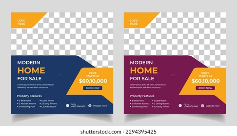 Real estate social media post template. Modern home for sale social media post web banner