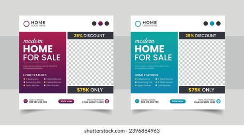 Real estate social media post banner template or square web banner design. 
Modern home sale social media post banner design.