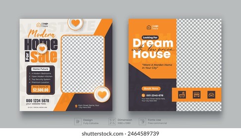 Real estate social media post banner template. Modern Social Media banner template. Set of editable real estate house sale and home rent advertising geometric modern square banner.