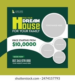 Real estate social media post or Home sale ad design green background web banner template.