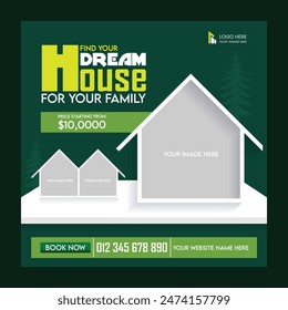 Real estate social media post or Home sale ad design green background web banner template.