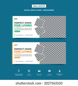 real estate social media timeline cover design, with three image placement. front and back side available, professional color used in the design. fully editable, organized. Web banner, vector eps 10