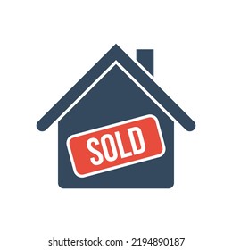 Real Estate Sold Sign, Gray House With Red Plate, Flat Vector Icon