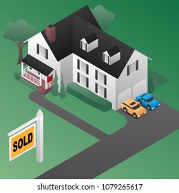 Real Estate Sold Sign with House Isometric 3d Style Vector Illustration