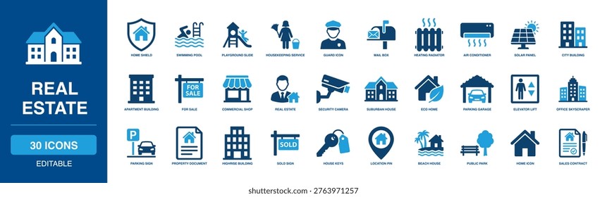 Real Estate solid vector glyph icon set with home shield, swimming pool, city building, apartment building, suburban house, office skyscraper, property document, and house keys icons.