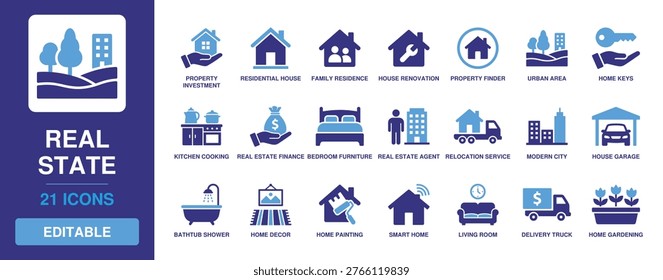Real Estate Solid Vector Glyph Icon Set featuring property investment, residential house, family residence, house renovation, property finder, and urban area for housing market.