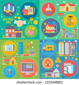 Real estate square concepts set. Apartment buying, rental market flat vector vector illustration.
