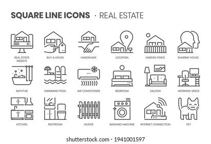 Real estate, square line icon set. The illustrations are a vector, editable stroke, thirty-two by thirty-two matrix grid, pixel perfect files.