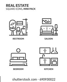 Real estate, square mini icon set. The illustrations are a vector, editable stroke, thirty-two by thirty-two matrix grid, pixel perfect files. Crafted with precision and eye for quality.