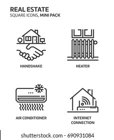 Real estate, square mini icon set. The illustrations are a vector, editable stroke, thirty-two by thirty-two matrix grid, pixel perfect files. Crafted with precision and eye for quality.