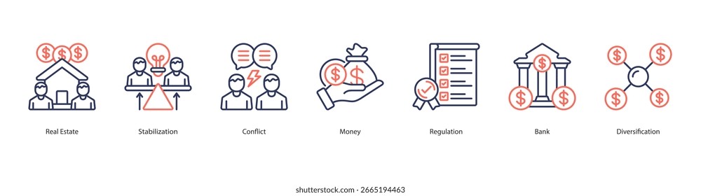 Conjunto de iconos de estabilidad inmobiliaria Web Anuncio Vector inmobiliario, estabilización, conflicto, dinero, regulación, banco, diversificación