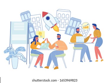 Equipo de inicio de bienes raíces trabajando en iniciar negocios. Personajes de caricaturas masculinos y femeninos, compañeros de empresa y gerentes de oficina, en un ambiente de trabajo amistoso. Ilustración moderna de vectores planos.