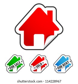 Real estate sticker set. three home badges glued to white background. green sticker with FOR SALE ribbon, red with SOLD and blue home with FOR RENT sign