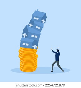 Real estate stock risk or economic recession concept, property and housing market crash, home owner entrepreneur or real estate agent helping to protect house from falling from pile of unstable coins.