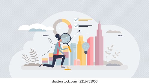 Real estate studying and knowledge about apartment market tiny person concept. Investment in house property and mortgage deals understanding prices and process vector illustration. Broker sales work.