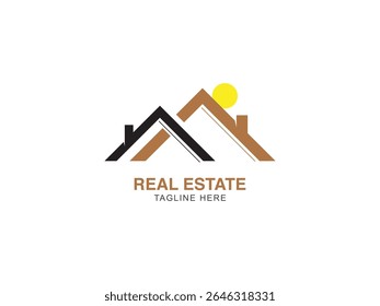 Real estate with sun icon golden logo design, real estate company modern, minimalistic logo design