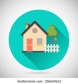 Real Estate Symbol House Building Private Property Tree Fence Icon with long shadow on Stylish Background Modern Flat Design Vector Illustration