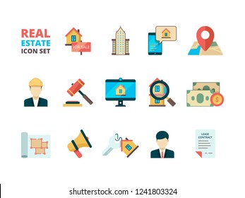 Real Estate Symbols. Business House Rent Property Home Sale Manager Realtor Homeowner Insurance Building Flat Vector Icons Collection