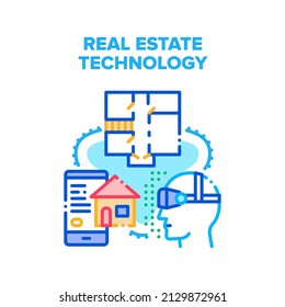Concepto de icono del vector de tecnología inmobiliaria. Proyecto De Planes De Departamentos De Ingeniería En Vr Glasses Y Elección De Casa En Aplicación De Smartphone Online, Ilustración De Color De Tecnología Inmobiliaria