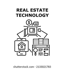 Real Estate Technology Vector Icon Concept. Real Estate Technology For Searching And Researching Apartment Or House Online On Website And Mobile Phone Application Black Illustration