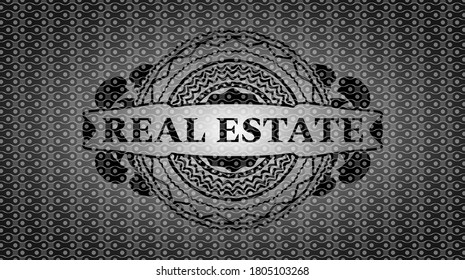 Texto INMOBILIARIO dentro del emblema realista abstracto negro. Fondo clásico del patrón. Ilustración intensa. 