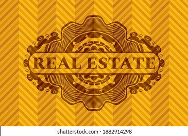 Texto INMOBILIARIO dentro de la insignia de color naranja. Fondo geométrico exquisito. Ilustración intensa. 