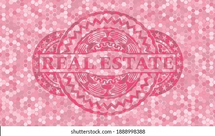 REAL ESTATE text inside pink tile mosaic pattern realistic emblem. Geometric hexagon exquisite background. Vector illustration. 