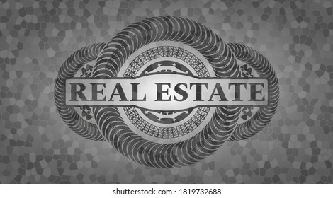 Texto INMOBILIARIO dentro del emblema de la pared de piedra. Un bonito fondo rockero. Ilustración. 