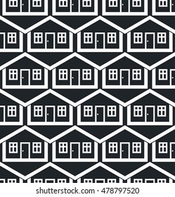 Real estate theme symmetric vector seamless pattern, abstract houses depiction. Property developer idea, for use in graphic design.